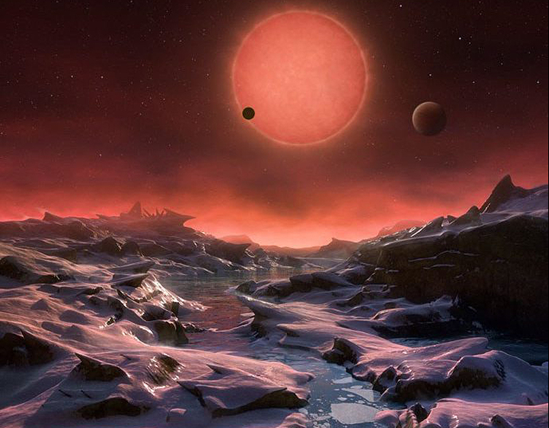 Recreación artística del planeta más distante del sistema TRAPPIST-1. Imagen: ESO/M. Kornmesser